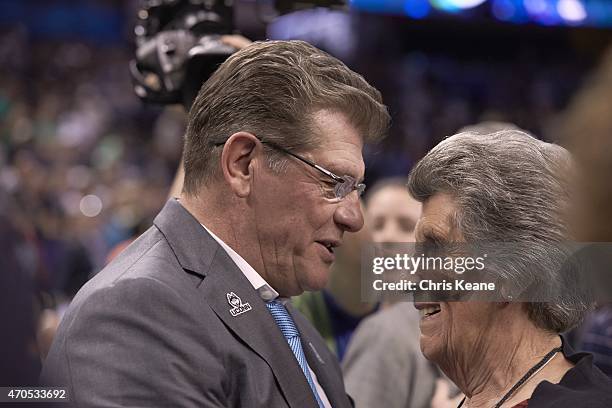 Final Four: UConn coach Geno Auriemma victorious with his mother Marsiella after winning game vs Notre Dame at Amalie Arena. Tampa, FL 4/7/2015...