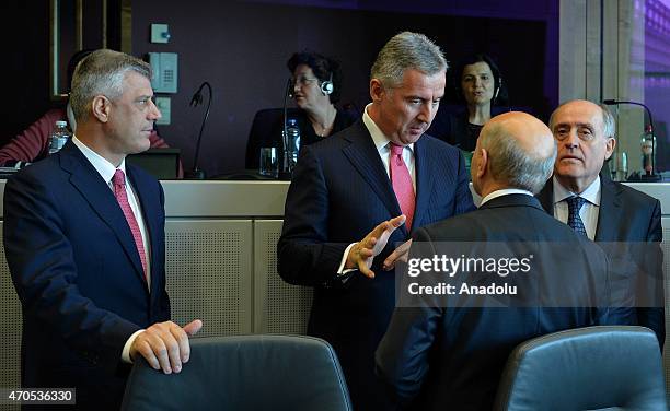 Deputy prime minister of Kosovo Hashim Thaci and prime minister of Montenegro Milo Dukanovic are seen during the prime ministers of west Balkan...