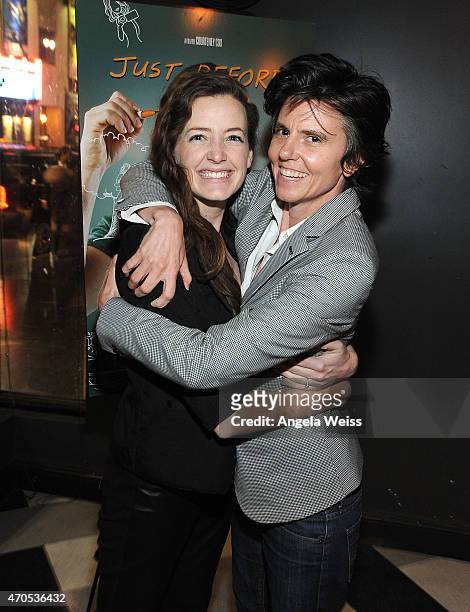 Comedian Tig Notaro and girlfriend Stephanie Allynne attend the Los Angeles Special Screening after party of "Just Before I Go" at Wood & Vine on...