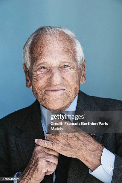 Writer Jean D'Ormesson is photographed for Paris Match on April 9, 2015 in Paris, France.