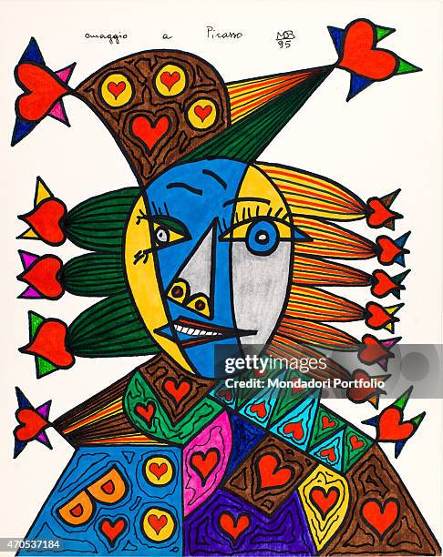 "Tribute to Picasso , Mario De Biasi 20th Century, drawing Private collection. Whole artwork view. A feminine figure very similar to the Queen of...