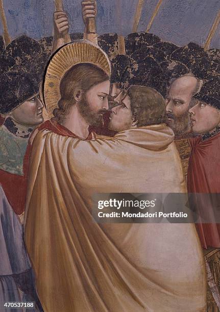 "Kiss of Judas , by Giotto, 1303-1305, 14th Century, fresco Italy, Veneto, Padua, Scrovegni Chapel. After restoration picture. Detail. Judas...