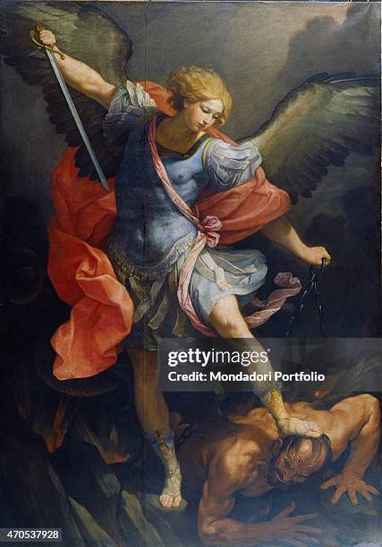 "St Michael the Archangel, by Reni Guido 17th Century, oil on silk Italy, Lazio, Rome, Santa Maria della Concezione Church, Cappuccini Church. Whole...