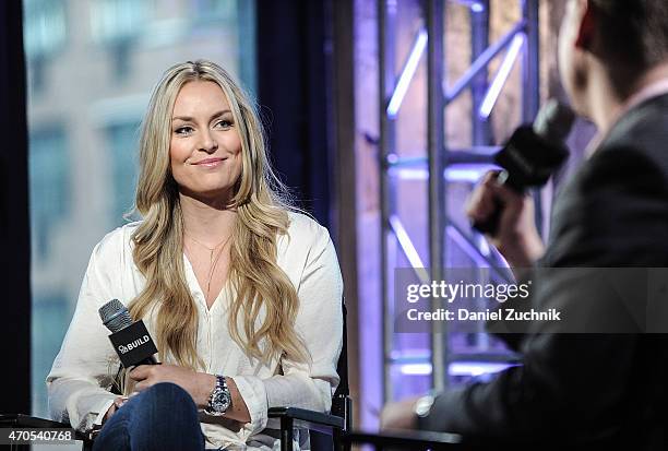 Lindsey Vonn and moderator Brian Fitzsimmons attend the AOL Build Speakers Series: Lindsey Vonn at AOL Studios In New York on April 21, 2015 in New...