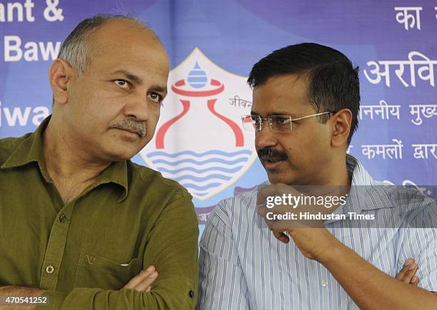 Delhi Chief Minister Arvind Kejriwal and Deputy Chief Minister Manish Sisodia during the inauguration of the Bawana water treatment plant with a...