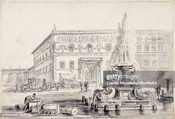 "The Piazza Mattei with the Fontana delle Tartarughe, Palazzo Mattei beyond , by Jean-Baptiste Lallemand, 18th Century, ink on paper Whole artwork...