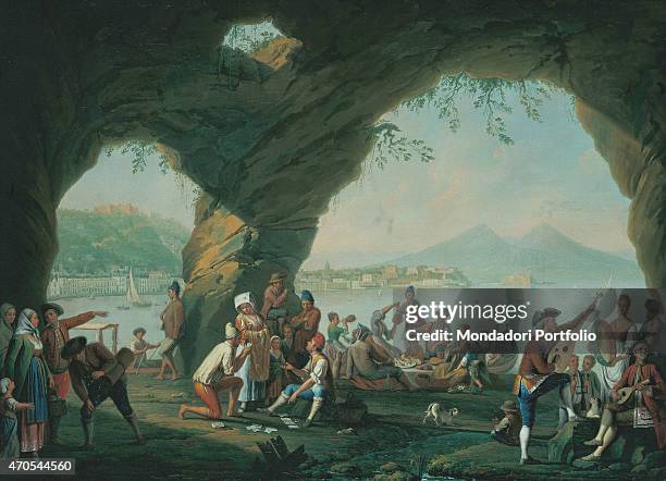 "Scenes of Everyday Life in a Cave in Posillipo , by Pietro Fabris, 18th Century, oil on canvas Private collection. Whole artwork view. Indoor scene...