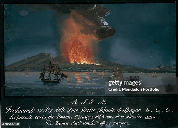 "Eruption of the Vesuvium , by unknown artist 19th Century, oil on canvas Whole artwork view. A beloved theme representing Italy during the...