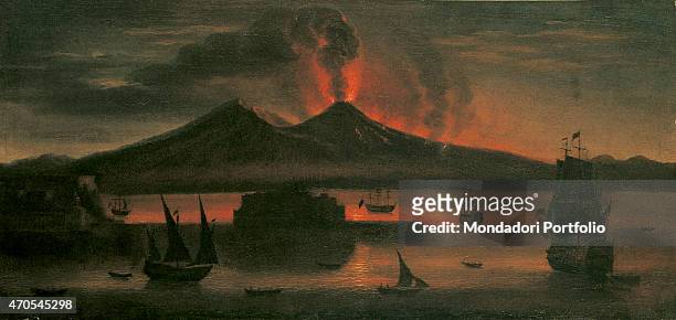"Night Eruption of Vesuvius , by Tommaso Ruiz 18th Century, oil on canvas, 38 x 77 cm Whole artwork view. Representation of the volcanic activity in...