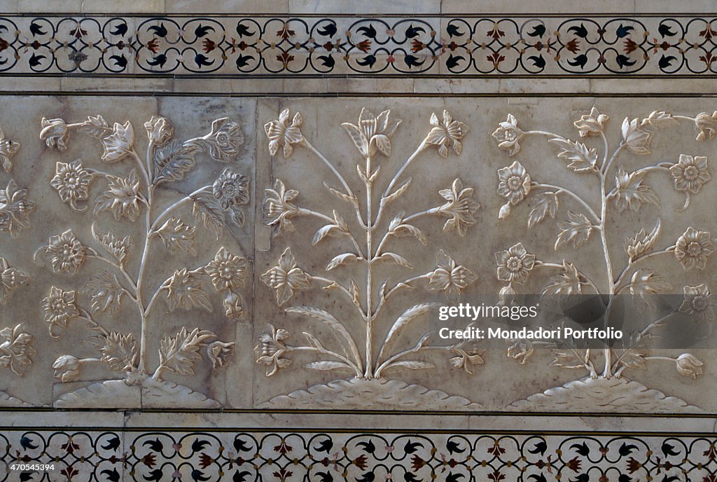 "Plant bas-relief, by Mughal craftsmen, 1632-1653, 17th Century, white marble and gemstone inlays"