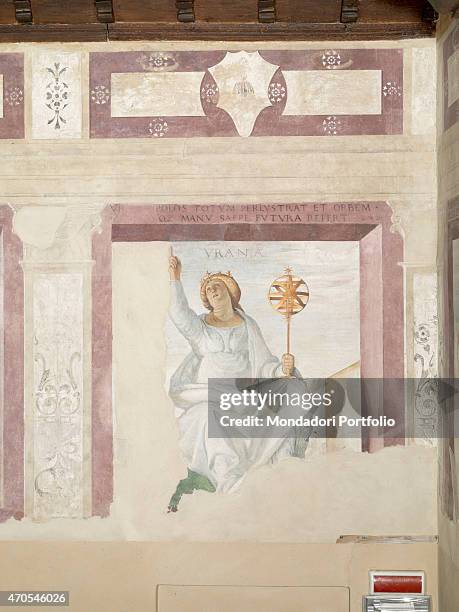 "Urania, by Bramantino, 1409-1503, 15th-16th Century, fresco Italy, Lombardy, Voghera, Visconti Castle. Detail. On a wall of the so called Studiolo...