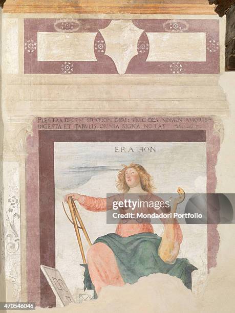 "Erato, by Bramantino, 1409-1503, 15th-16th Century, fresco Italy, Lombardy, Voghera, Visconti Castle. Detail. On a wall of the so called Studiolo...