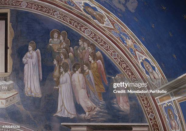 "God sends the Archangel Gabriel , by Giotto, 1303-1305, 14th Century, fresco Italy, Veneto, Padua, Scrovegni Chapel. After restoration picture....