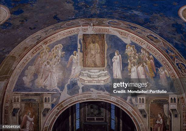 "God sending the Archangel Gabriel , by Giotto, 1303-1305, 14th Century, fresco Italy, Veneto, Padua, Scrovegni Chapel. After restoration picture....