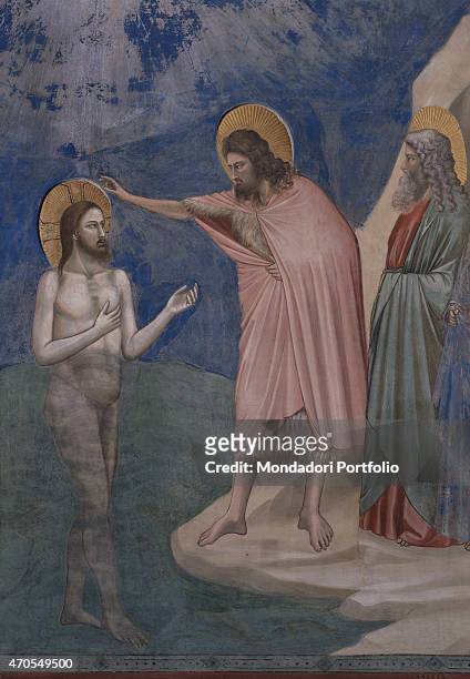 "Baptism of Christ , by Giotto, 1303-1305, 14th Century, fresco Italy, Veneto, Padua, Scrovegni Chapel. After restoration picture. Detail. Jesus...