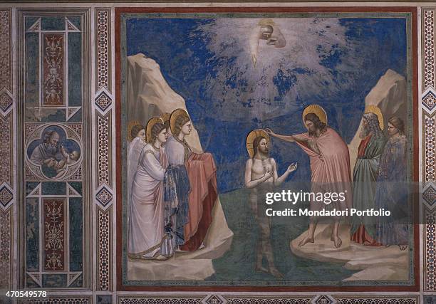 "Baptism of Christ , by Giotto, 1303-1305, 14th Century, fresco Italy, Veneto, Padua, Scrovegni Chapel. After restoration picture. Whole artwork...