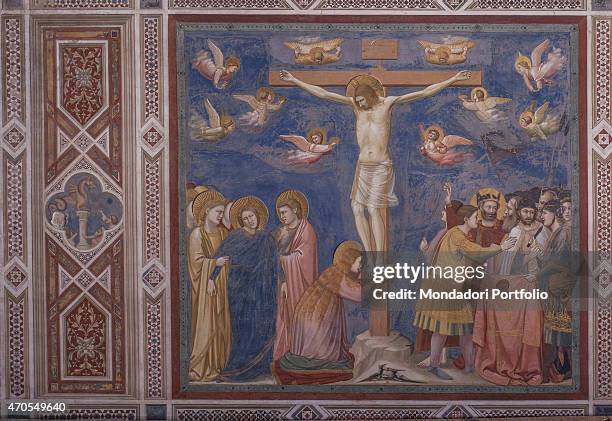 "Crucifixion , by Giotto, 1303-1305, 14th Century, fresco Italy, Veneto, Padua, Scrovegni Chapel. After restoration picture. Whole artwork view....