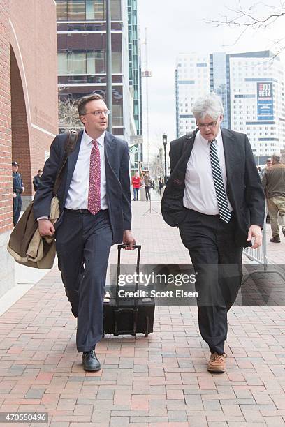 Members of the legal defense team for Boston Marathon bombing suspect Dzhokhar Tsarnaev, including William Fick and Timothy G. Watkins walk away from...