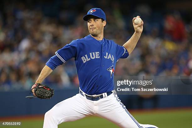 Jeff Francis of the Toronto Blue Jays delivers a pitch during MLB game action against the Atlanta Braves on April 19, 2015 at Rogers Centre in...