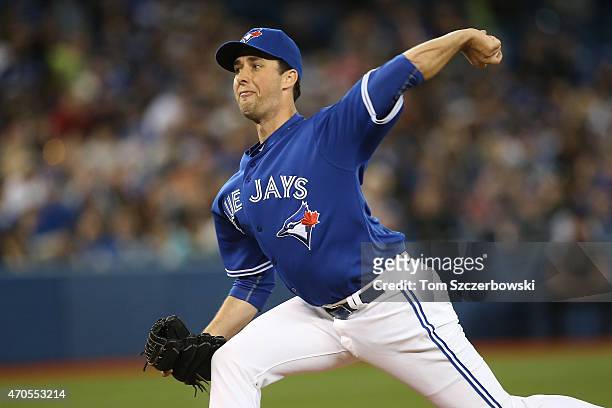 Jeff Francis of the Toronto Blue Jays delivers a pitch during MLB game action against the Atlanta Braves on April 19, 2015 at Rogers Centre in...