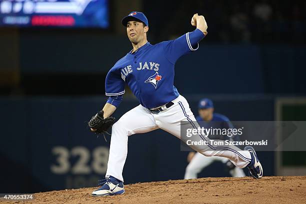 Jeff Francis of the Toronto Blue Jays delivers a pitch in the fifth inning during MLB game action against the Atlanta Braves on April 19, 2015 at...