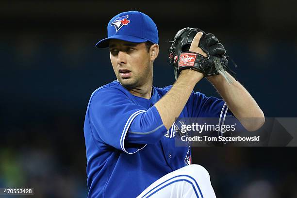 Jeff Francis of the Toronto Blue Jays delivers a pitch during MLB game action against the Atlanta Braves on April 19, 2015 at Rogers Centre in...