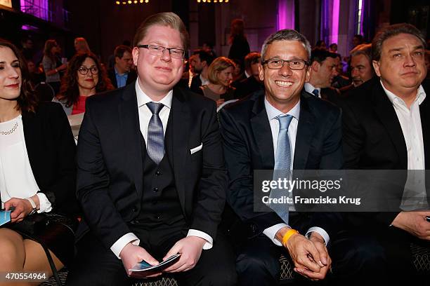 Peter Smits and Hans Ippisch of Computec attend the German Computer Games Award 2015 at e-Werk on April 21, 2015 in Berlin, Germany.