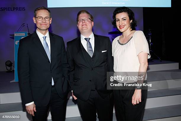 Michael Mueller, Peter Smits and Dorothee Baer attend the German Computer Games Award 2015 at e-Werk on April 21, 2015 in Berlin, Germany.