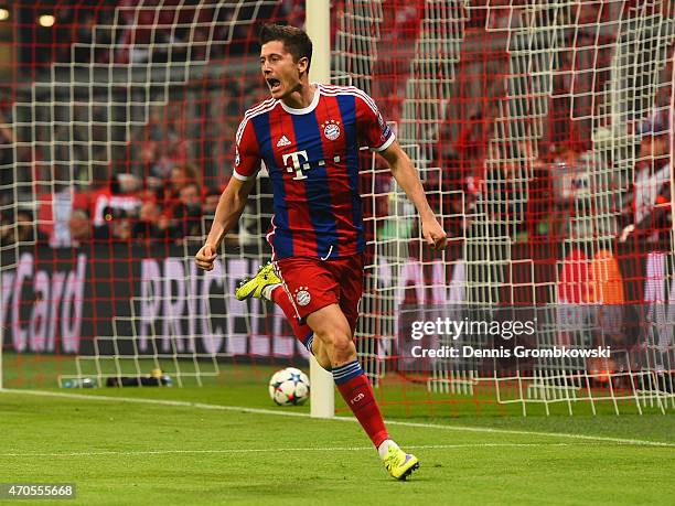 Robert Lewandowski of Bayern Muenchen celebrates scoring their third goal during the UEFA Champions League Quarter Final Second Leg match between FC...