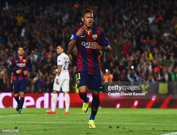 Neymar of Barcelona celebrates as he scores their second goal during the UEFA Champions League Quarter Final second leg match between FC Barcelona...