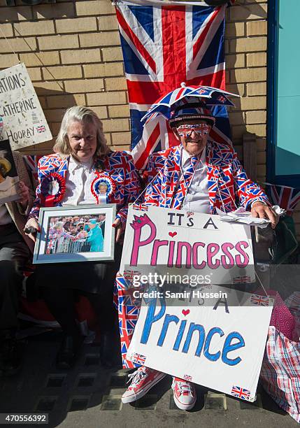 Royalists Margaret Tyler and Terry Hutt wait outside the Lindo Wing of St Mary's Hospital as the UK prepares for the birth of the second child of The...