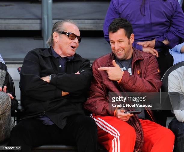 Jack Nicholson and Adam Sandler attend a basketball game between the Houston Rockets and the Los Angeles Lakers at Staples Center on February 19,...
