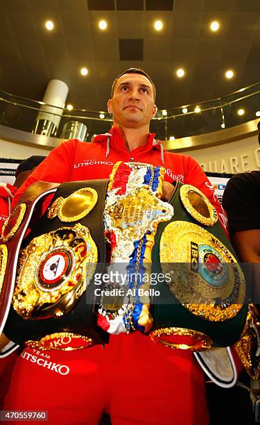 Wladimir Klitschko stands with his Championship Belts during the final press conference for his fight against Bryant Jennings at Madison Square...
