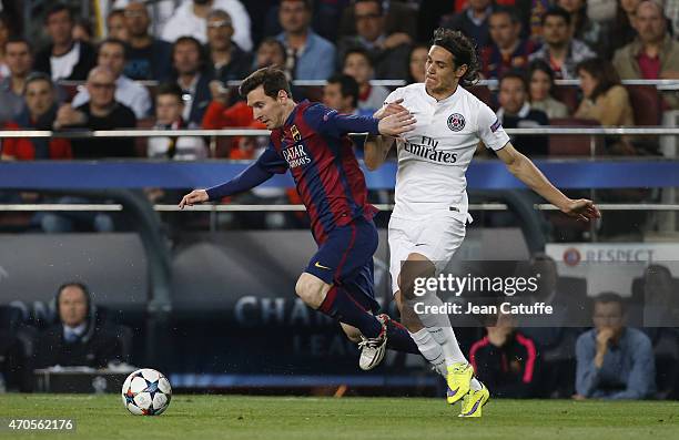 Lionel Messi of FC Barcelona and Edinson Cavani of PSG in action during the UEFA Champions League Quarter Final Second Leg match between FC Barcelona...