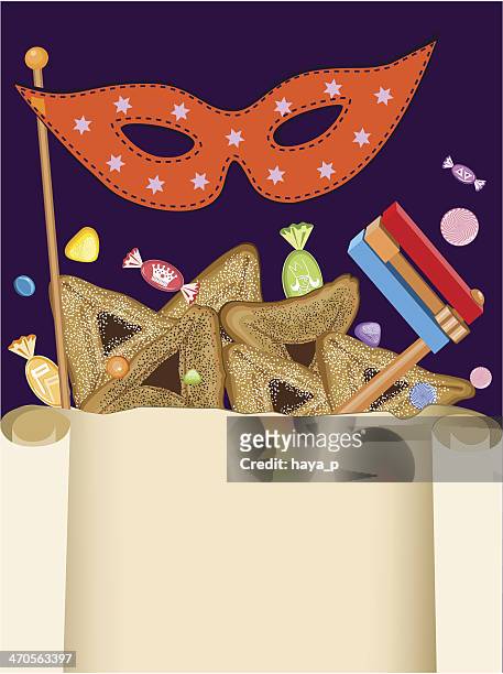 purim background with mask, rattle and hamantaschen - purim stock illustrations