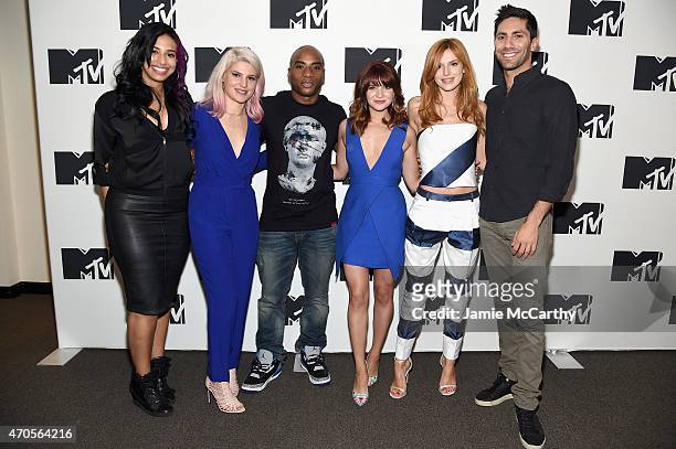 Nessa, Carly Aquilino, Charlamagne Tha God, Katie Stevens, Bella Thorne, and Nev Schulman attend the MTV 2015 Upfront presentation on April 21, 2015...
