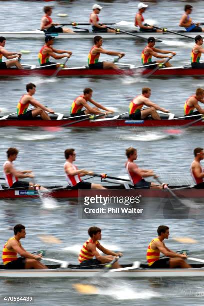 Rowing crews race in the final of the mens club coxed eight during the Bankstream New Zealand Rowing Championships at Lake Karapiro on February 20,...