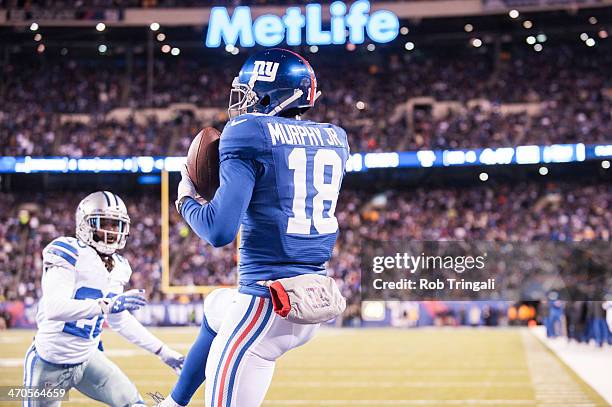 Louis Murphy of the New York Giants makes a catch during the game against the Dallas Cowboys at MetLife Stadium on November 24, 2013 in East...