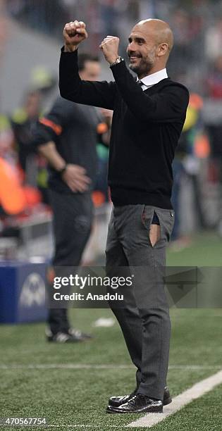 Head coach Pep Guardiola of Bayern Munich gestures after winning the UEFA Champions League Quarter Final Second Leg soccer match between Bayern...