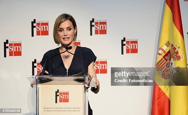 Queen Letizia of Spain attends the 'Barco de Vapor' and 'Gran Angular' children and youth literary awards at The Real Casa de Correos on April 21,...