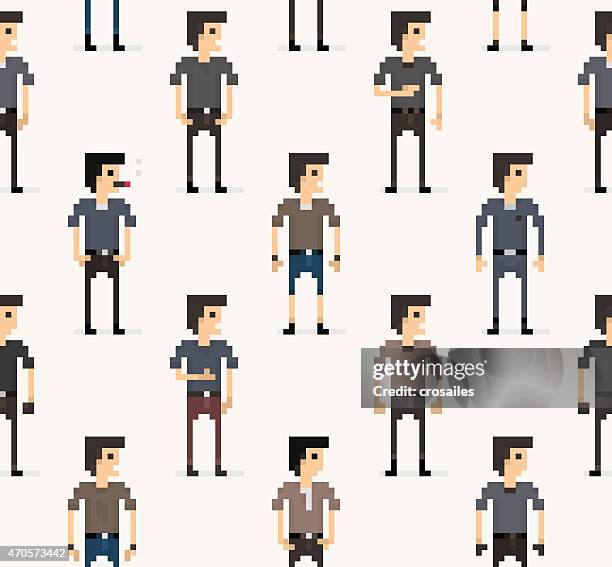 pixelated crowd of people seamless background textures - computer game character stock illustrations