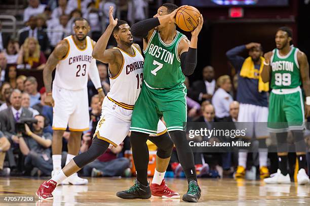 Tristan Thompson of the Cleveland Cavaliers guards Jared Sullinger of the Boston Celtics in the first half in Game Two of the Eastern Conference...