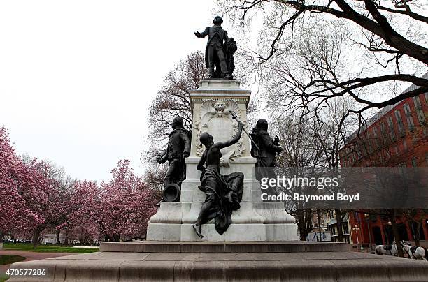 Jean Alexandre Joseph Falguiere's statue of Major General Marquis Gilbert de Lafayette sits inside Lafayette Square in President's Park on April 10,...