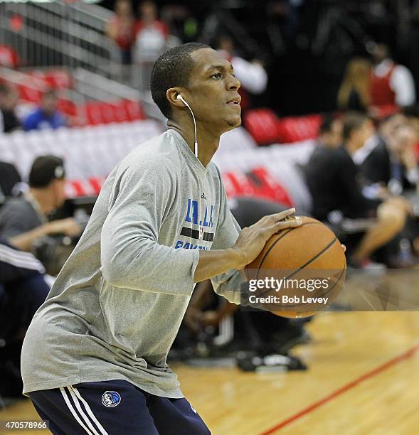 Rajon Rondo of the Dallas Mavericks warms up before Game Two of the Western Conference Quarterfinals of the 2015 NBA Playoffs at Toyota Center on...