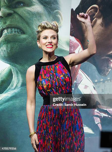 Scarlett Johansson attends the European premiere of "The Avengers: Age Of Ultron" at Westfield London on April 21, 2015 in London, England.