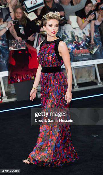 Scarlett Johansson attends the European premiere of "The Avengers: Age Of Ultron" at Westfield London on April 21, 2015 in London, England.