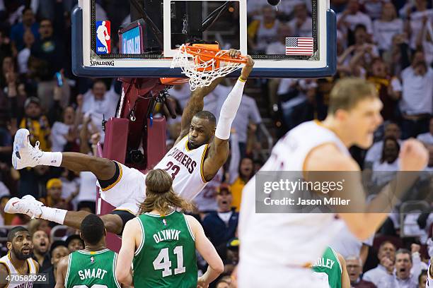 LeBron James of the Cleveland Cavaliers dunks in the second half against the Boston Celtics in Game Two of the Eastern Conference Quarterfinals...