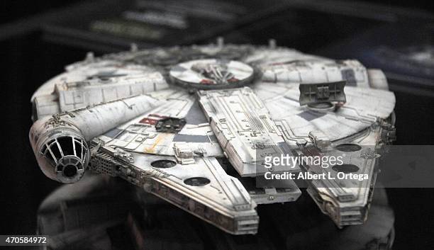 The new improved Millennium Falcon on display inside the 'Star Wars The Force Awakens' exhibit on Day One of Disney's 2015 Star Wars Celebration held...