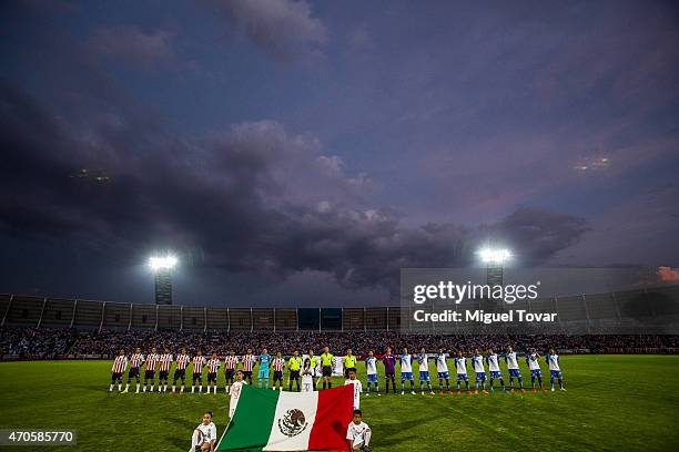 Players of Puebla and Chivas during the hymn ceremony prior a Championship match between Puebla and Chivas as part of Copa MX Clausura 2015 at...