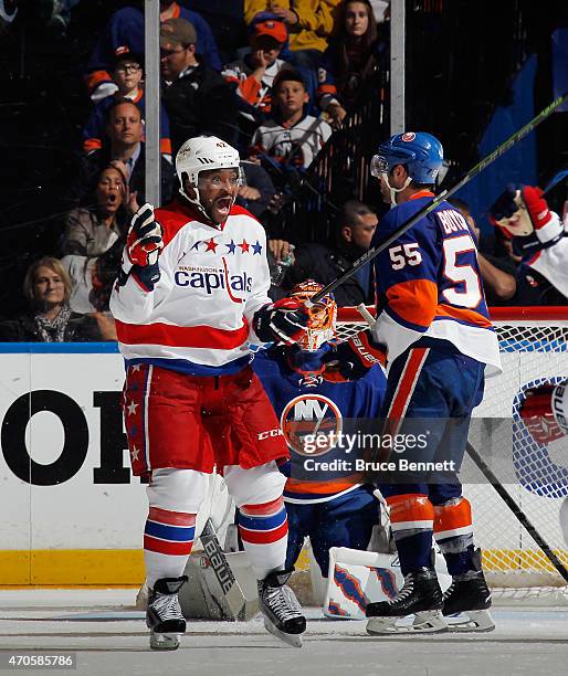 Joel Ward of the Washington Capitals celebrates the game winning overtime goal at 11:09 of the first overtime period by Nicklas Backstrom against the...